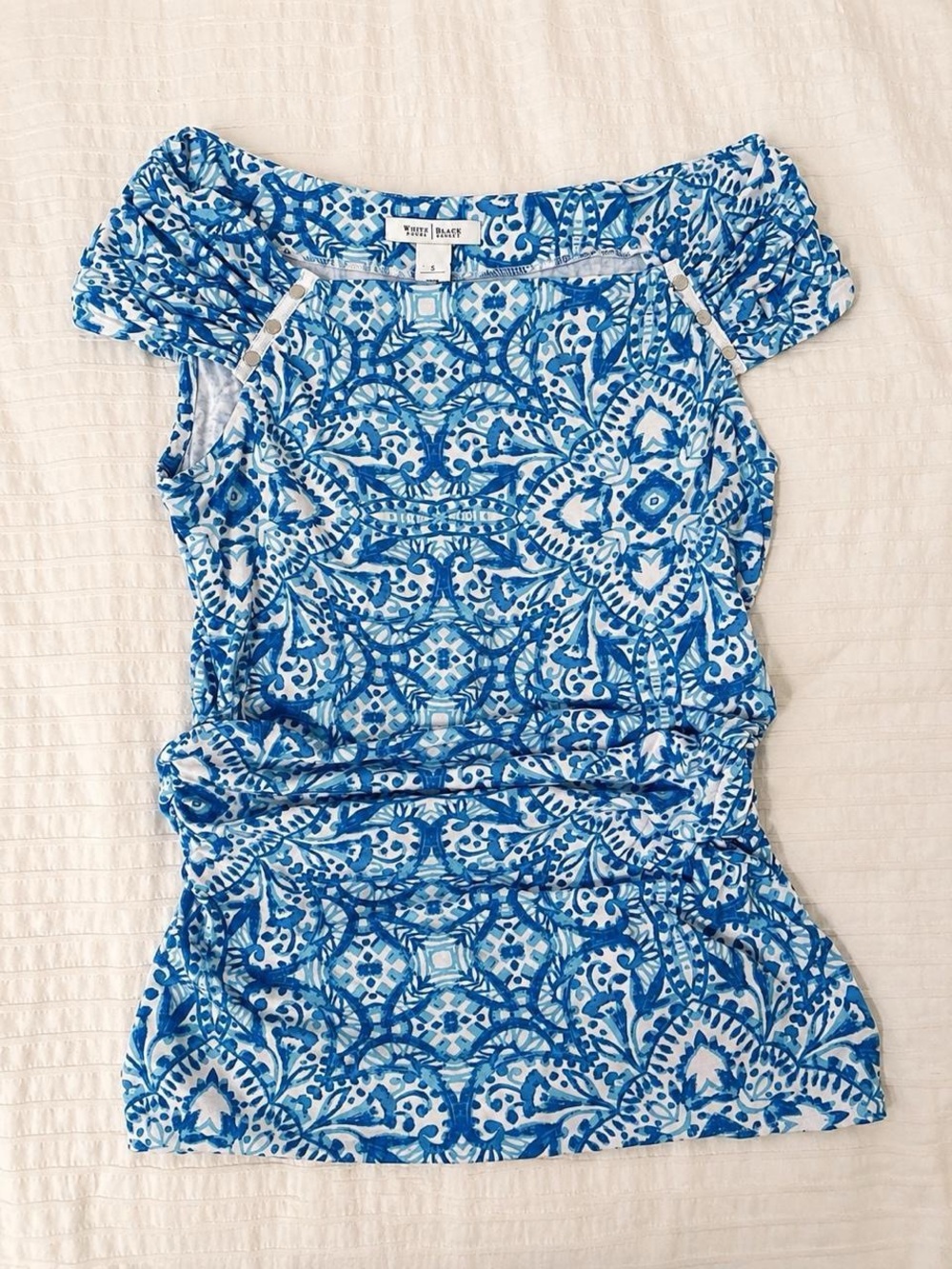 White House Black Market Blue & White Printed Off-Shoulder Tunic